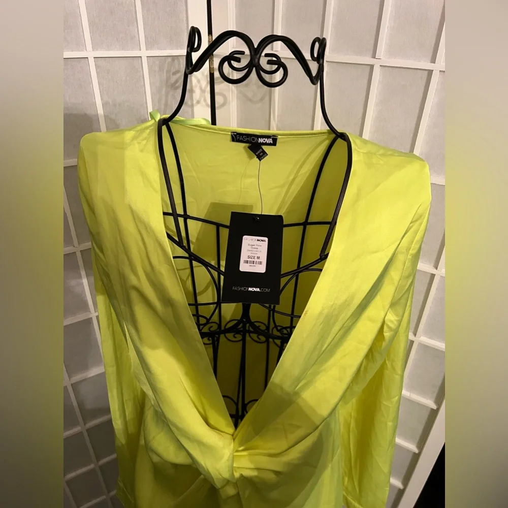 FASHION NOVA Sugar Free Dress Satin Neon Yellow NWT - Picture 11 of 14
